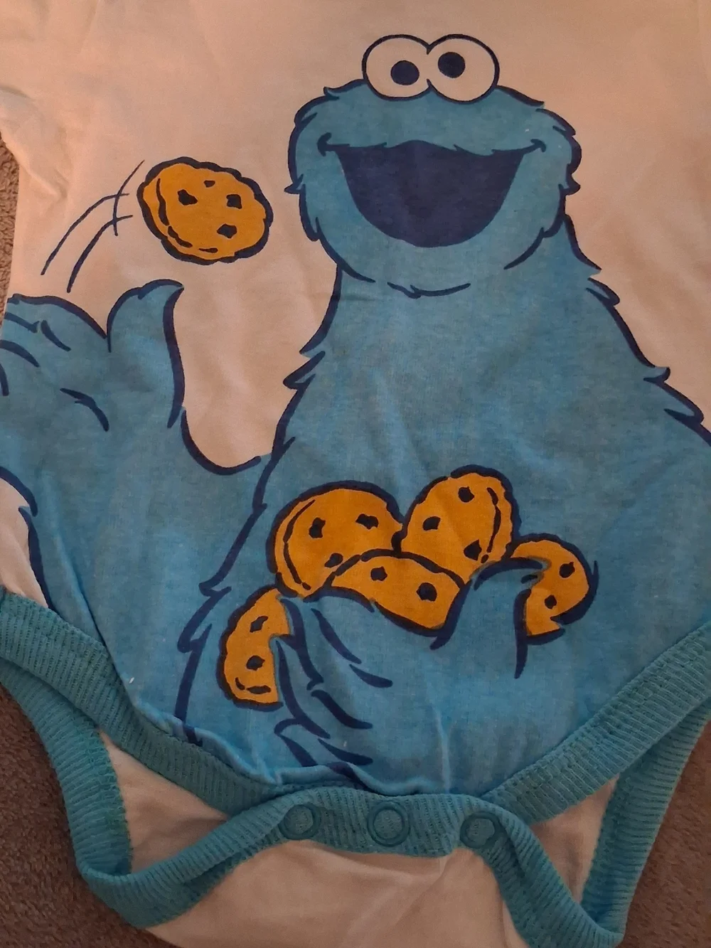 Baby Sesame Street Cookie Monster White and Blue Graphic One-Piece